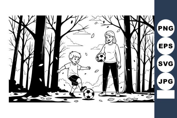 Mother and Son Playing Soccer in Autumn Graphics & Illustrations